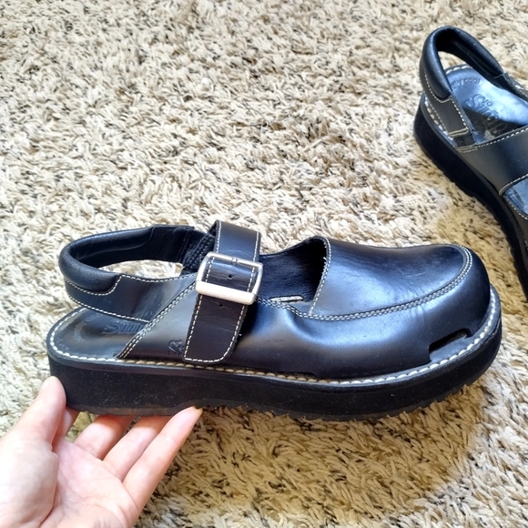 Simple Y2K Platform Black Leather Ankle Strap Clogs Sz 9,5 - Picture 3 of 7